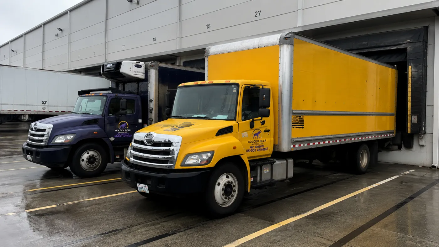 Golden Bear Freight box trucks loading at a warehouse dock