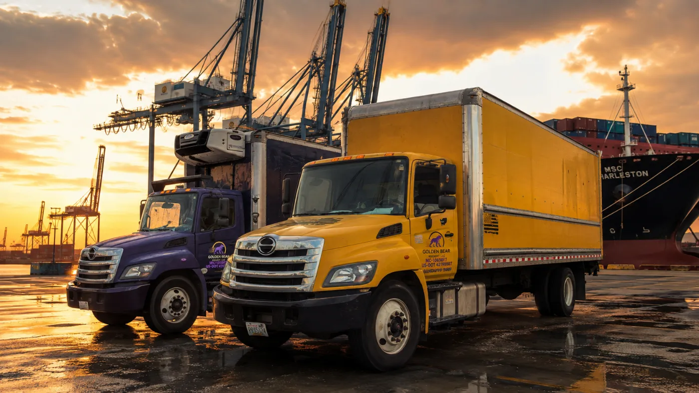 Golden Bear Freight box trucks at dusk